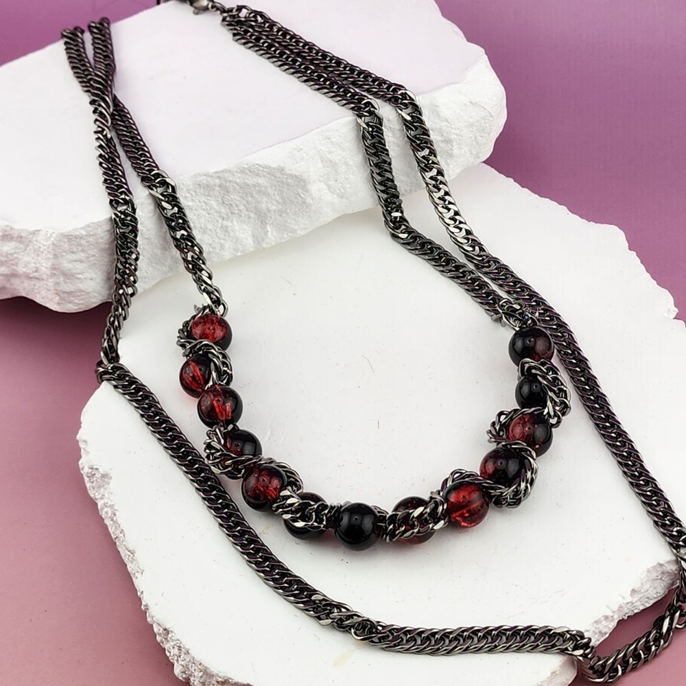 Red Black Bead Gunmetal Chain Multi Strand Necklace Gothic Punk Chunky Statement